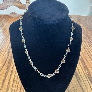 Vintage Orange Crystal Link Necklace 15in Amber Tone Stones Filigree Clasp